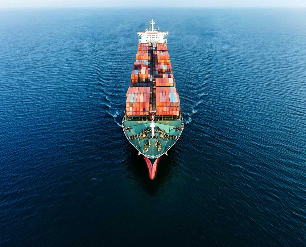 Aerial view of a container ship at sea